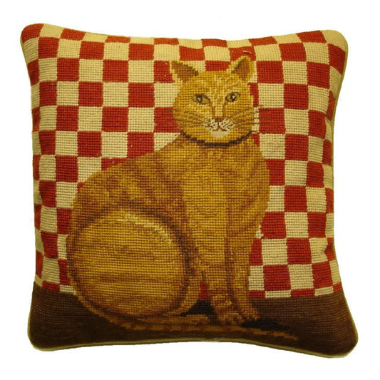Handmade Wool Needlepoint Pillow Cover - Decorative Throw Cushion Cover - Vintage Floral Embroidery Design with  gold cat red checker