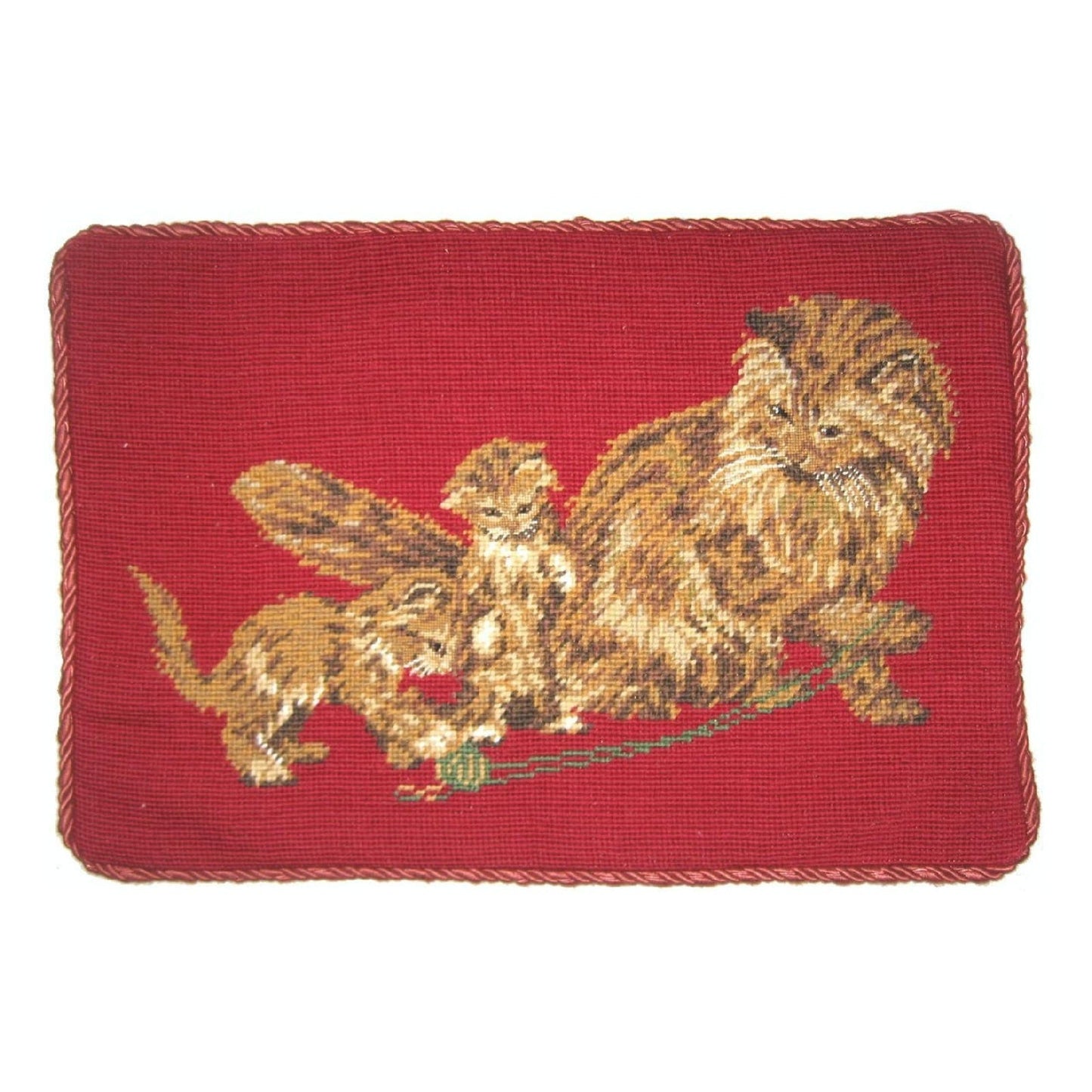Handmade Wool Needlepoint Pillow Cover - Decorative Throw Cushion Cover - Vintage Floral Embroidery Design  on cats faces rest brown cats in red background with cording