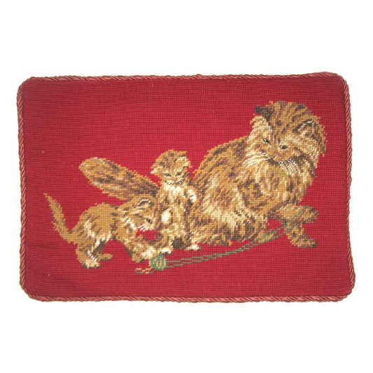 Handmade Wool Needlepoint Pillow Cover - Decorative Throw Cushion Cover - Vintage Floral Embroidery Design  on cats faces rest brown cats in red background with cording