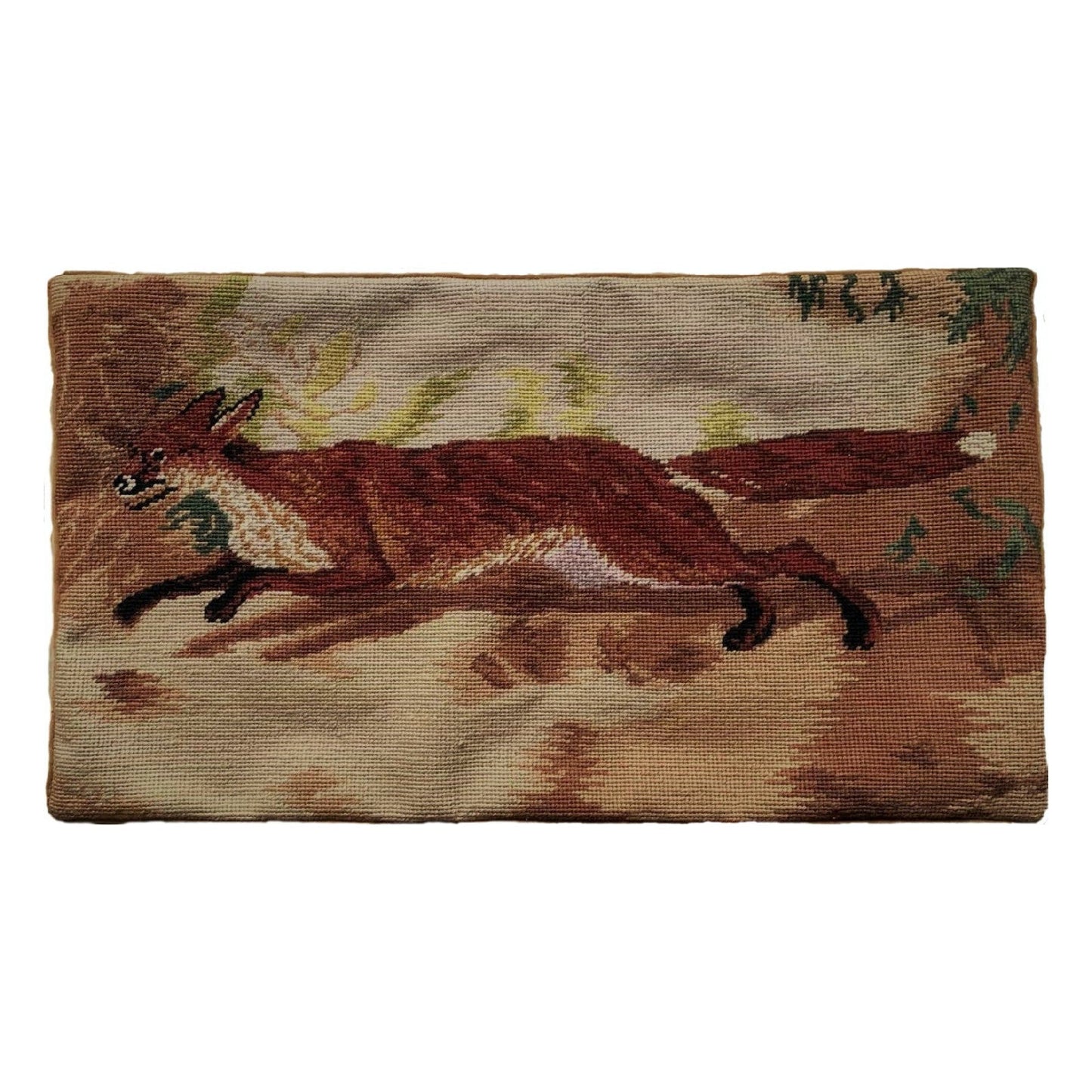 Handmade Wool Needlepoint Pillow Cover - Decorative Throw Cushion Cover - Vintage Floral Embroidery Design Runnng Fox