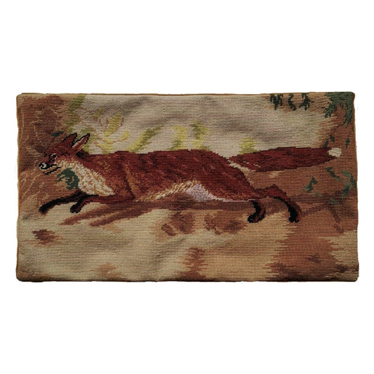Handmade Wool Needlepoint Pillow Cover - Decorative Throw Cushion Cover - Vintage Floral Embroidery Design Runnng Fox