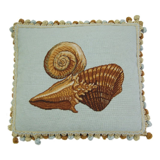 Handmade Wool Needlepoint Pillow Cover - Decorative Throw Cushion Cover - Vintage Floral Embroidery Design  blue background fan shell and other sea shells with tassels