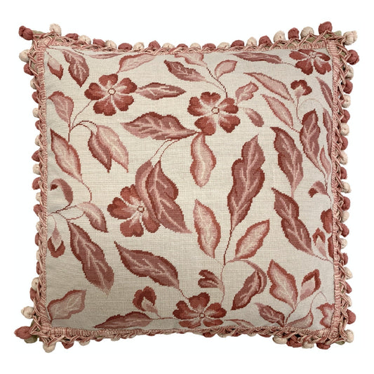 Handmade Wool Needlepoint Pillow Cover - Decorative Throw Cushion Cover - Vintage Floral Embroidery Design  red leaves with tassel