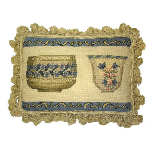 Handmade Wool Needlepoint Pillow Cover - Decorative Throw Cushion Cover - Vintage Floral Embroidery Design  French antique bowl set with tassels