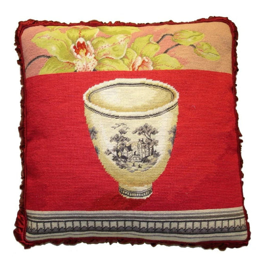 Handmade Wool Needlepoint Pillow Cover - Decorative Throw Cushion Cover - Vintage Floral Embroidery Design  Kathryn White Design O
