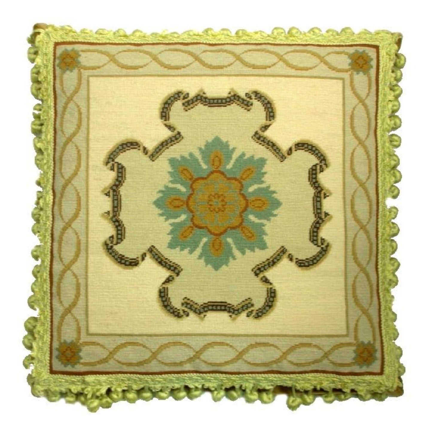 Handmade Wool Needlepoint Pillow Cover - Decorative Throw Cushion Cover - Vintage Floral Embroidery Design  medallion center with tassels
