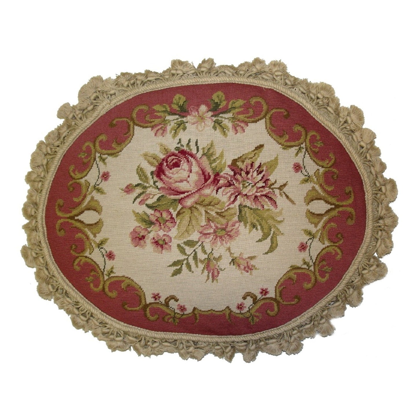 Handmade Wool Needlepoint Pillow Cover - Decorative Throw Cushion Cover - Vintage Floral Embroidery Design  oval pillow center roses with rose-pink frame nature tassels