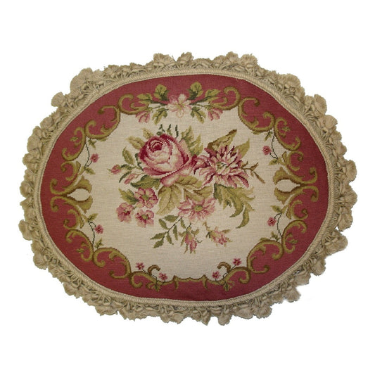 Handmade Wool Needlepoint Pillow Cover - Decorative Throw Cushion Cover - Vintage Floral Embroidery Design  oval pillow center roses with rose-pink frame nature tassels
