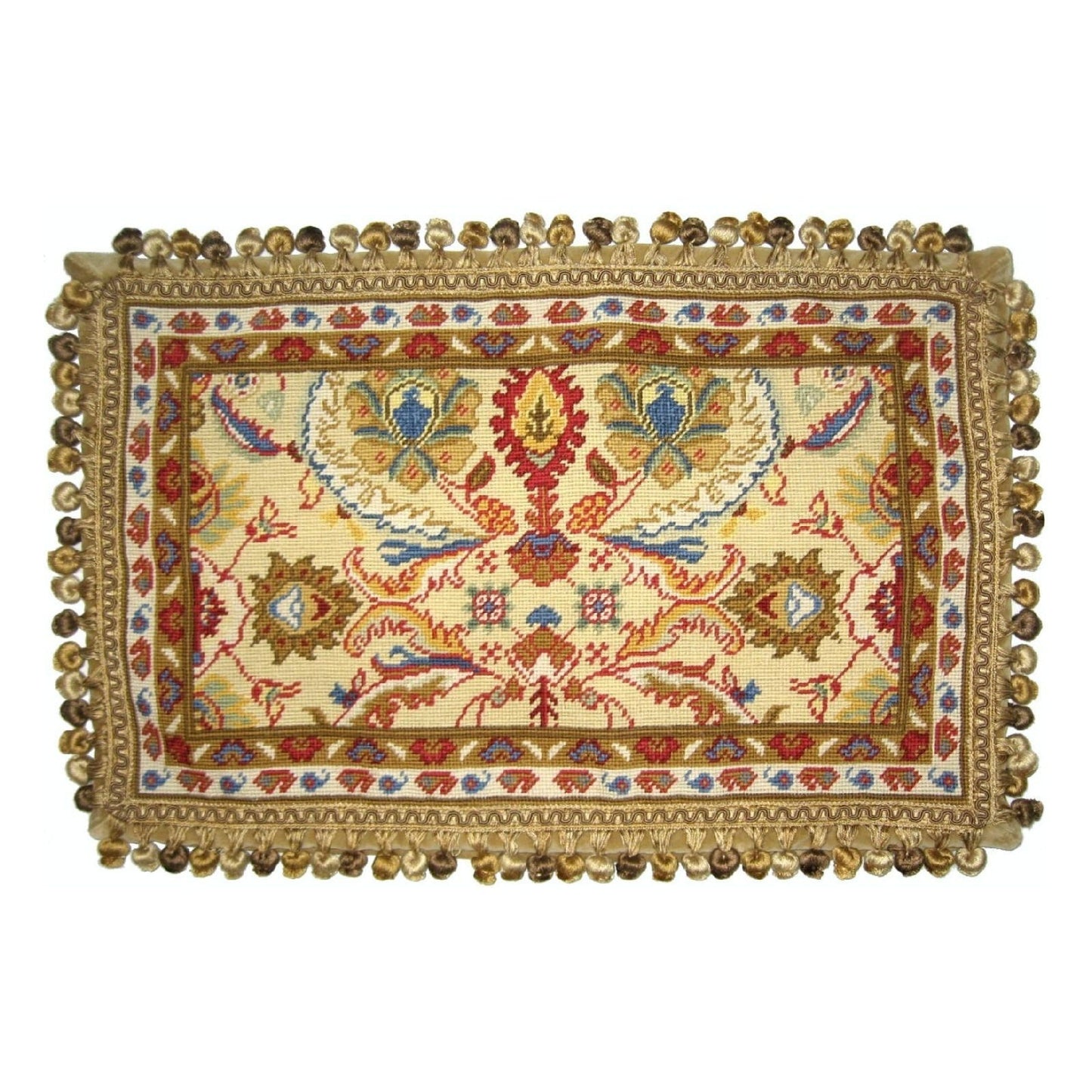 Handmade Wool Needlepoint Pillow Cover - Decorative Throw Cushion Cover - Vintage Floral Embroidery Design Turkish gold/red with tassels