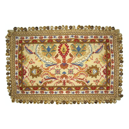 Handmade Wool Needlepoint Pillow Cover - Decorative Throw Cushion Cover - Vintage Floral Embroidery Design Turkish gold/red with tassels