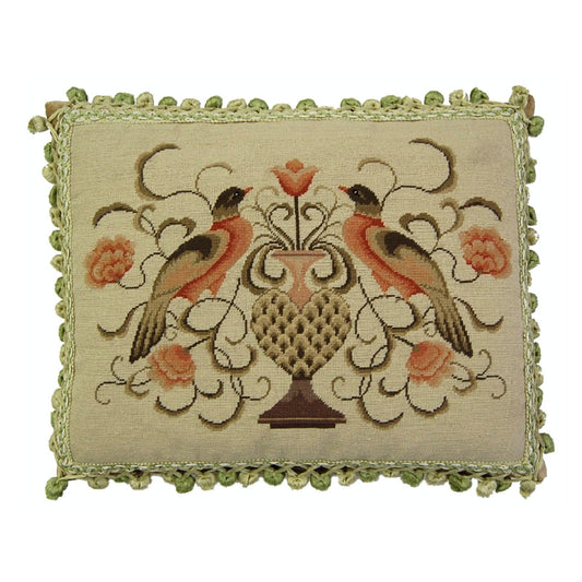 Handmade Wool Needlepoint Pillow Cover - Decorative Throw Cushion Cover - Vintage Floral Embroidery Design  2 birds with 2 color tassels