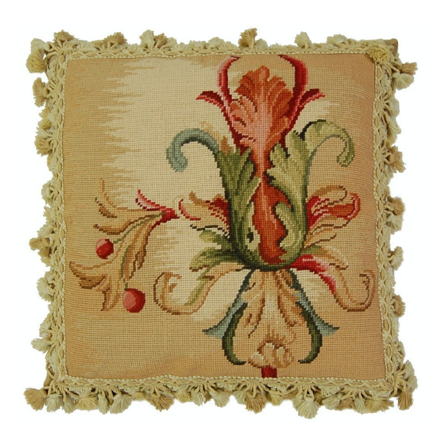 Handmade Wool Needlepoint Pillow Cover - Decorative Throw Cushion Cover - Vintage Floral Embroidery Design  Wheat blooming single with tassels