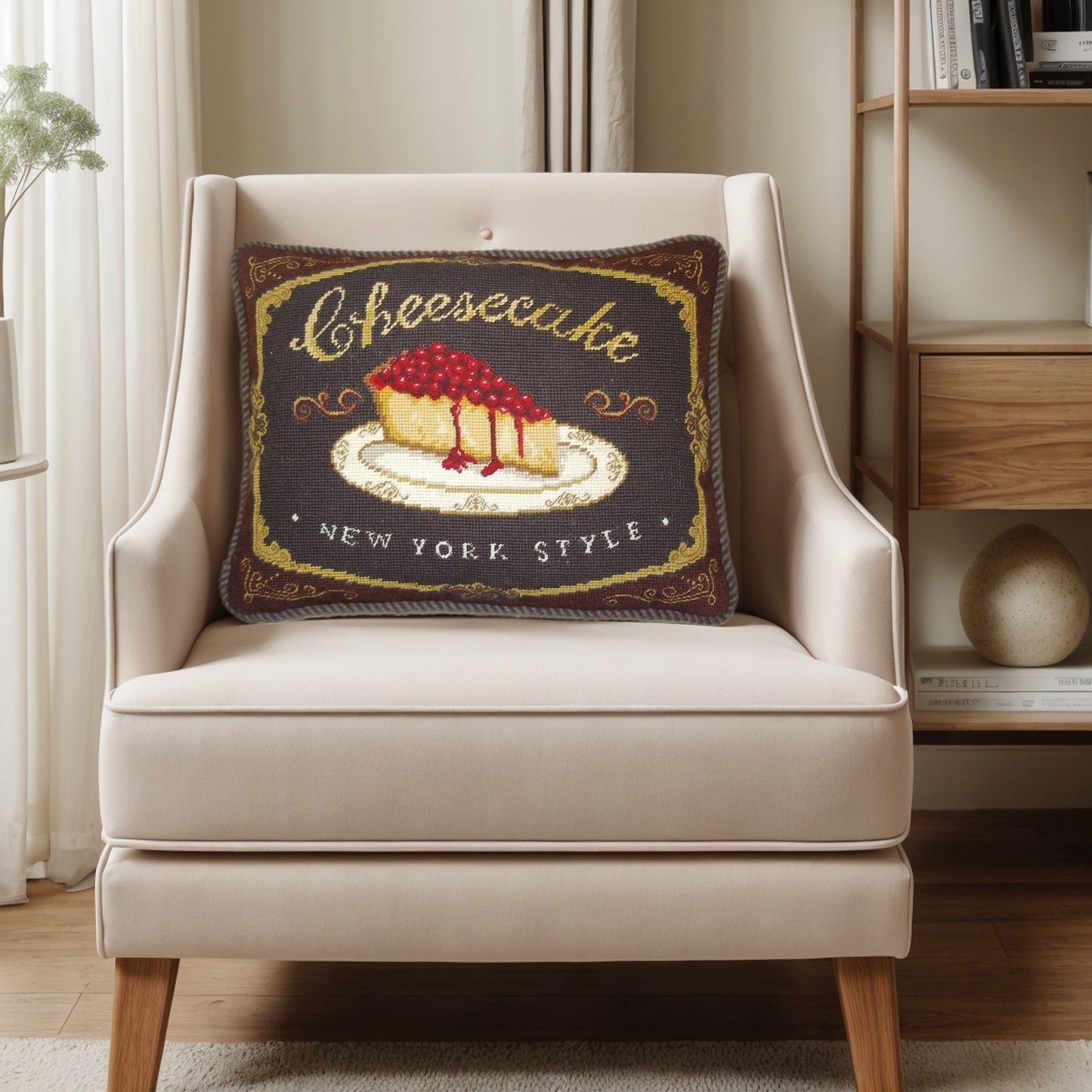Handmade Wool Needlepoint Pillow Cover - Decorative Throw Cushion Cover - Vintage Floral Embroidery Design  cheesecake with brown cording