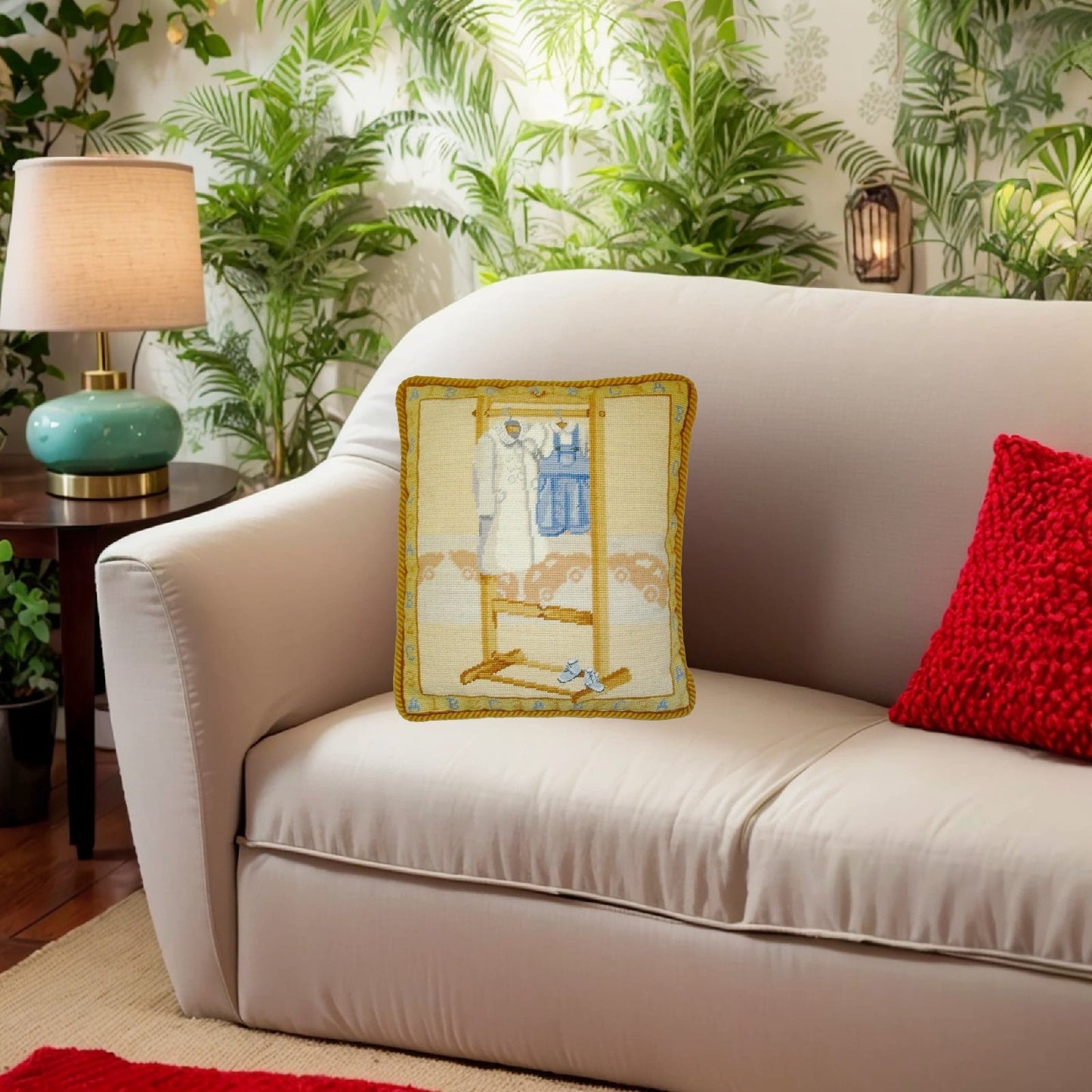 Handmade Wool Needlepoint Pillow Cover - Decorative Throw Cushion Cover - Vintage Floral Embroidery Design blue suit with gold cording