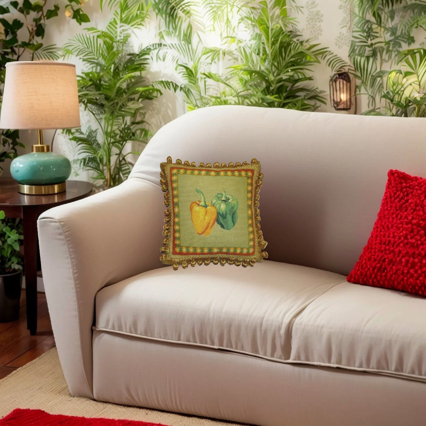 Handmade Wool Needlepoint Pillow Cover - Decorative Throw Cushion Cover - Vintage Floral Embroidery Design  background 3 color tassel 2