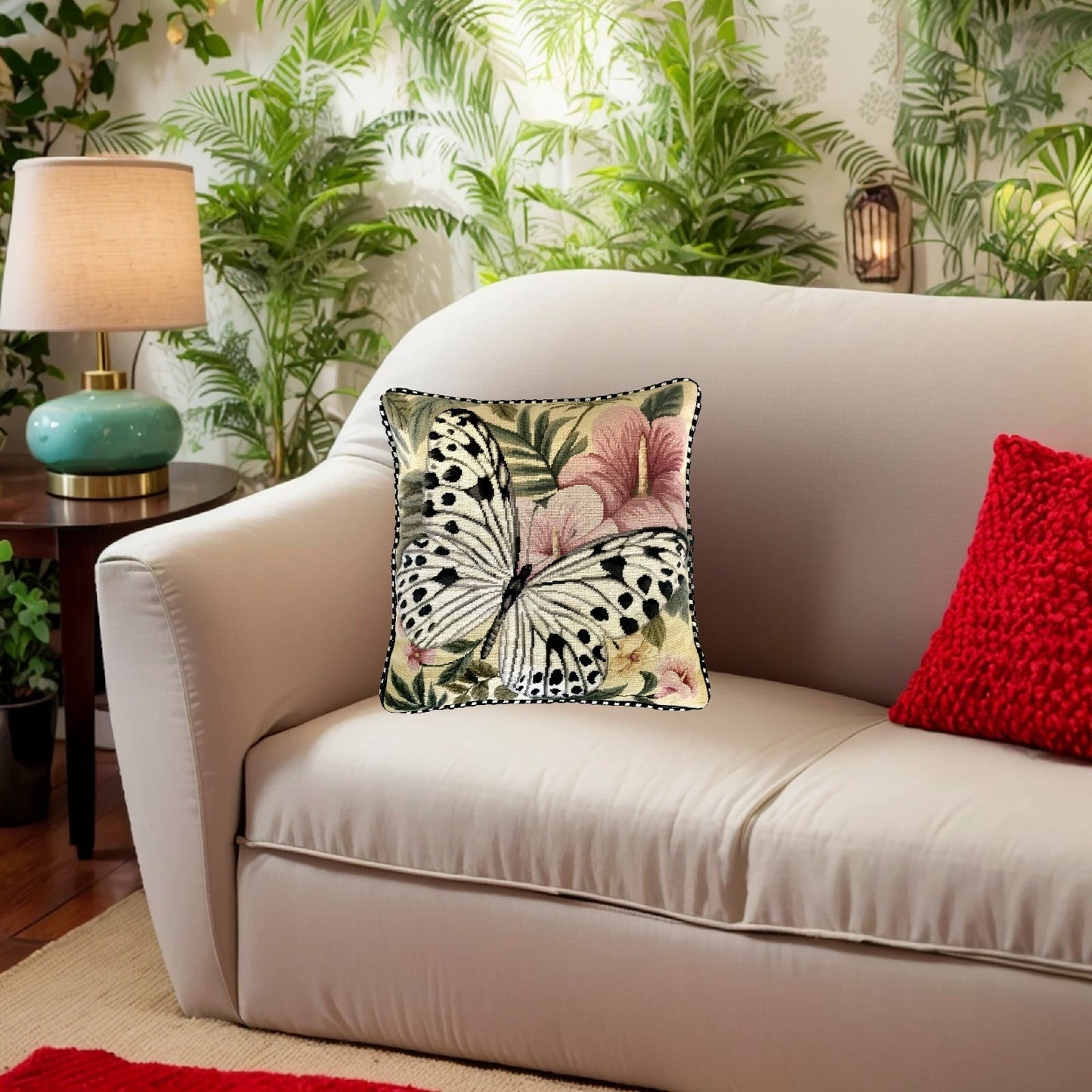 Handmade Wool Needlepoint Pillow Cover - Decorative Throw Cushion Cover - Vintage Floral Embroidery Design  butterfly w/b dark dots & pink flower with cording