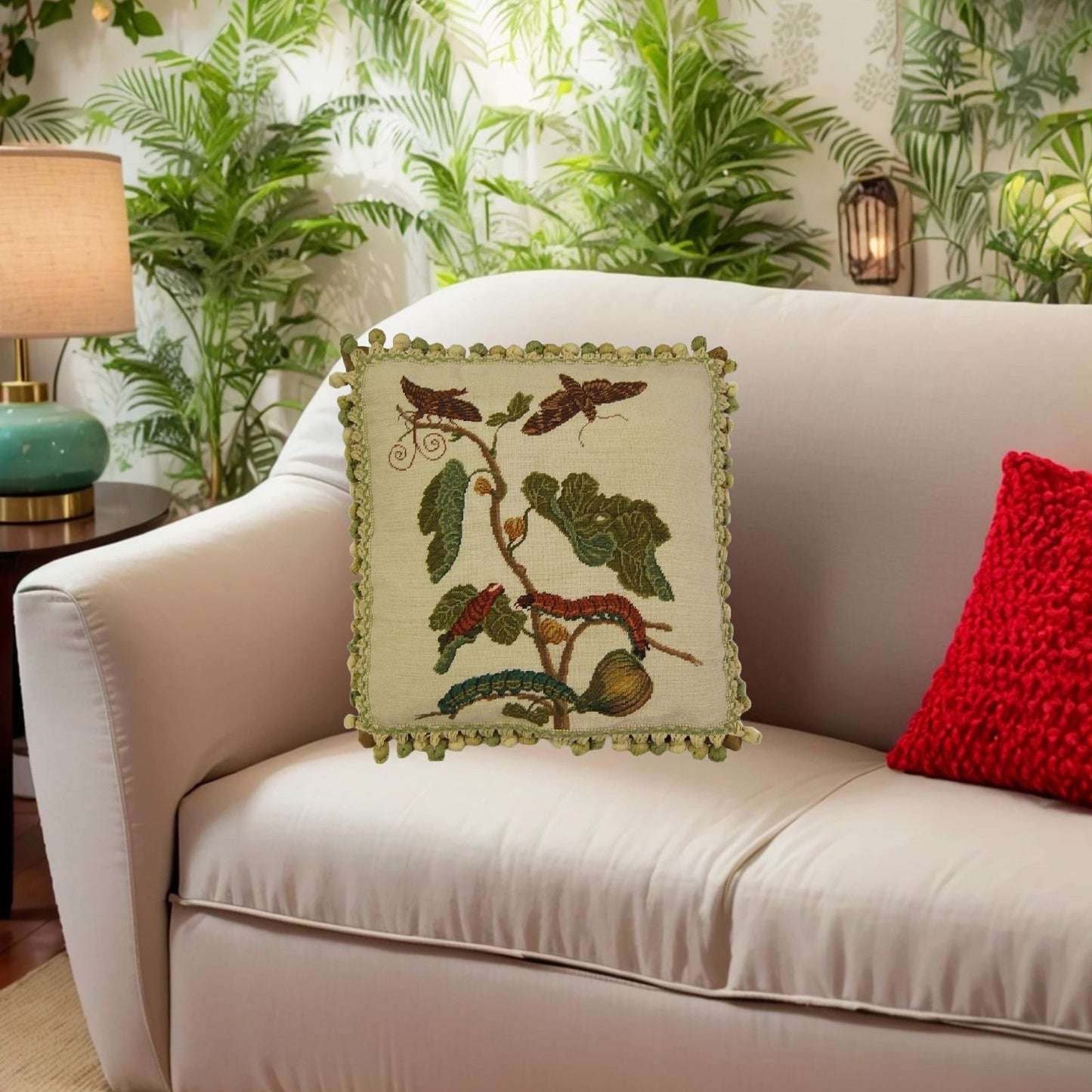 Handmade Wool Needlepoint Pillow Cover - Decorative Throw Cushion Cover - Vintage Floral Embroidery Design  background, green/brown caterpillars with 3 color tassels