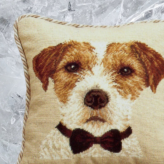 Handmade Wool Needlepoint Pillow Cover - Decorative Throw Cushion Cover - Vintage Floral Embroidery Design  Jack Russell with 2 color cording