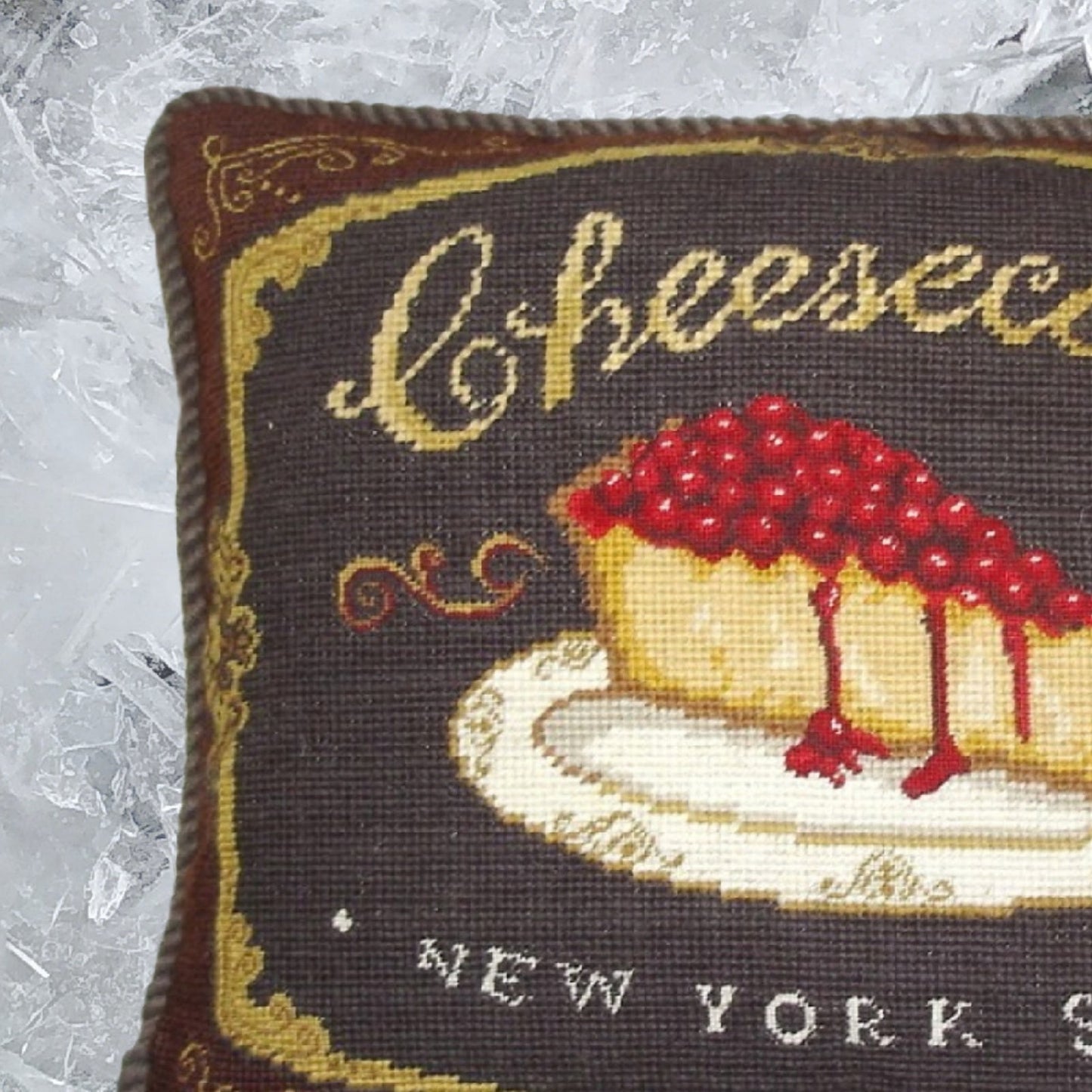 Handmade Wool Needlepoint Pillow Cover - Decorative Throw Cushion Cover - Vintage Floral Embroidery Design  cheesecake with brown cording