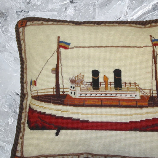 Handmade Wool Needlepoint Pillow Cover - Decorative Throw Cushion Cover - Vintage Floral Embroidery Design  boat with brown cording