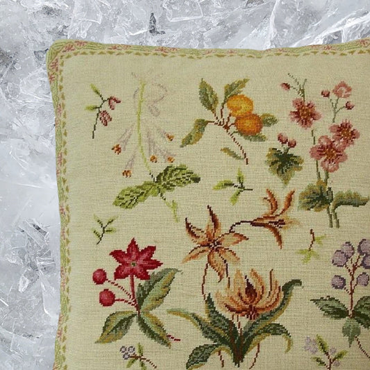 Handmade Wool Needlepoint Pillow Cover - Decorative Throw Cushion Cover - Vintage Floral Embroidery Design  Herbers orange fruite