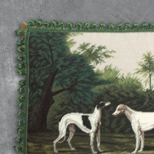 Handmade Wool Needlepoint Pillow Cover - Decorative Throw Cushion Cover - Vintage Floral Embroidery Design  2 Greyhound with tassels