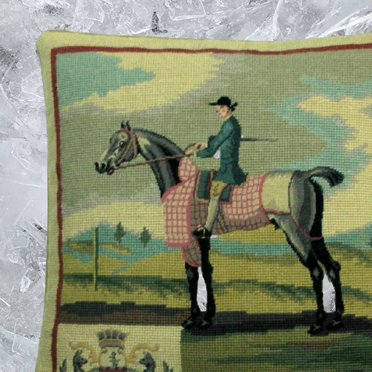 Handmade Wool Needlepoint Pillow Cover - Decorative Throw Cushion Cover - Vintage Floral Embroidery Design rider in blue
