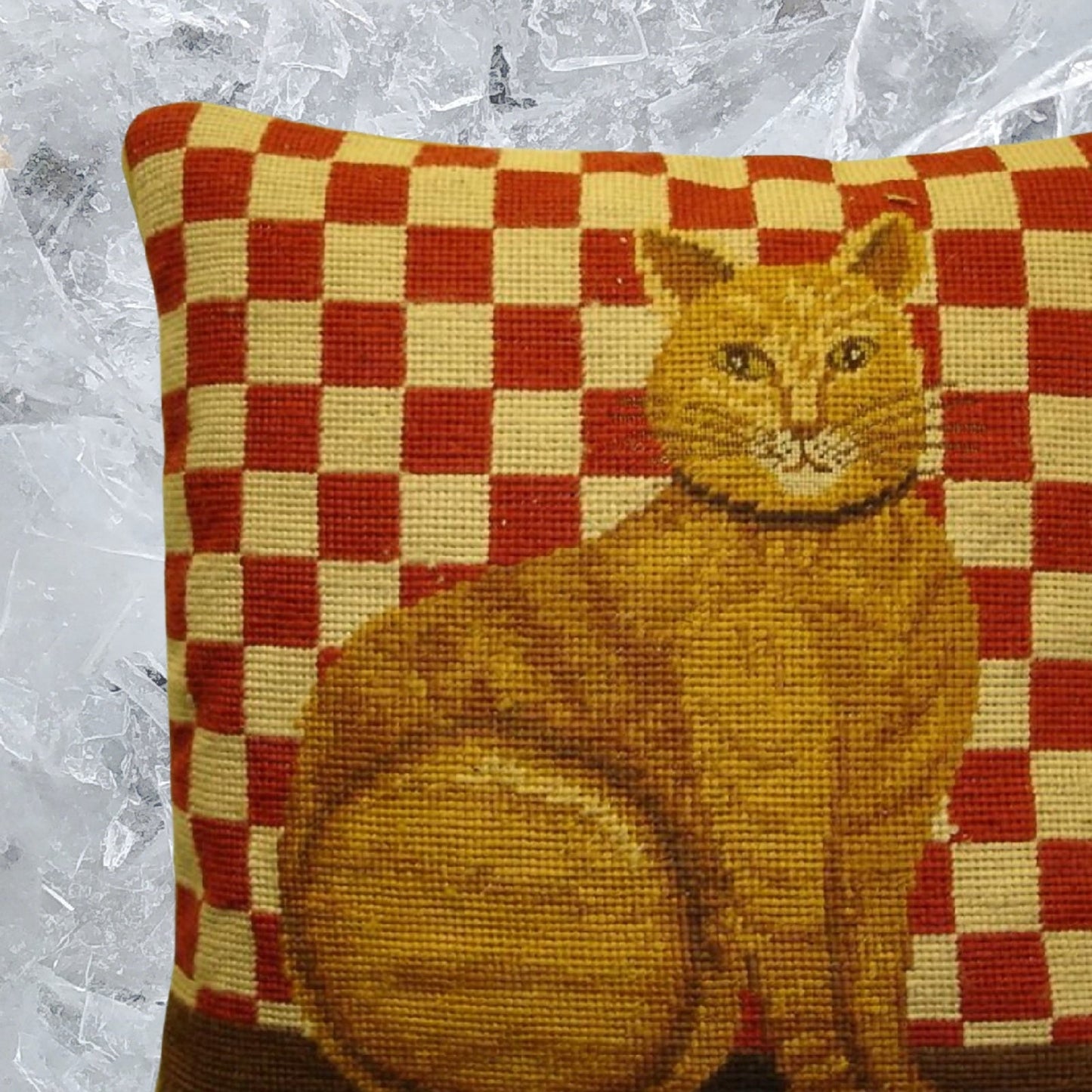Handmade Wool Needlepoint Pillow Cover - Decorative Throw Cushion Cover - Vintage Floral Embroidery Design with  gold cat red checker