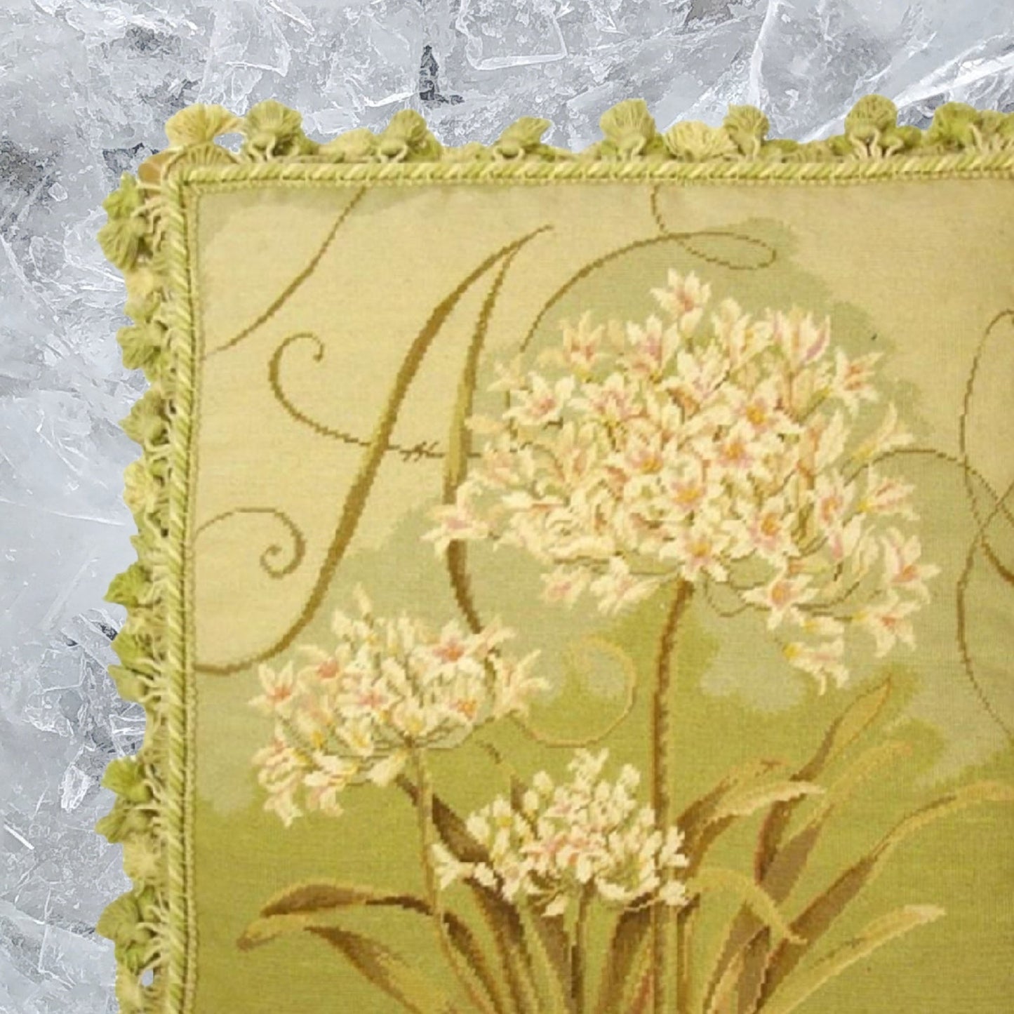 Handmade Wool Needlepoint Pillow Cover - Decorative Throw Cushion Cover - Vintage Floral Embroidery Design  Kathryn White designAgapanthus Trumeau with 3 color tassels