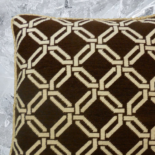 Handmade Wool Needlepoint Pillow Cover - Decorative Throw Cushion Cover - Vintage Floral Embroidery Design chain square in dark brown checker cording