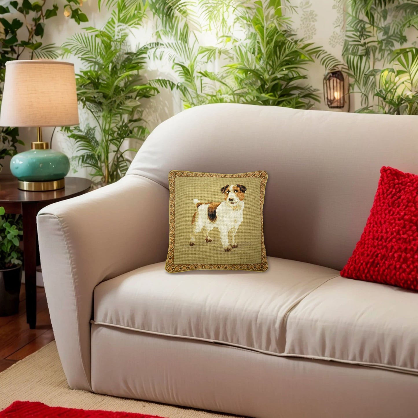 Handmade Wool Needlepoint Pillow Cover - Decorative Throw Cushion Cover - Vintage Floral Embroidery Design on eyes rest Jack Russel