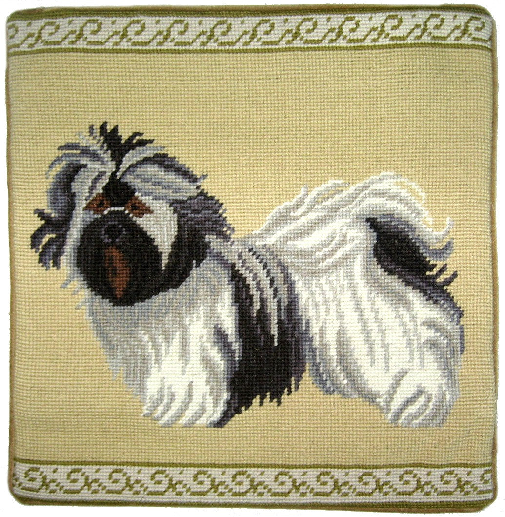 Needlepoint Hand-Embroidered Wool Throw Pillow Exquisite Home Designs gray/black Shih Tzu light yellow background