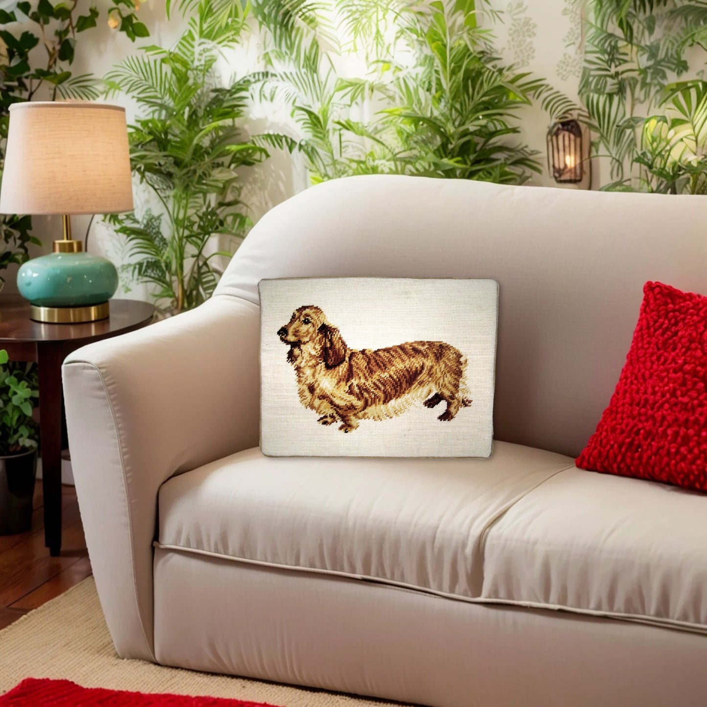 Handmade Wool Needlepoint Pillow Cover - Decorative Throw Cushion Cover - Vintage Floral Embroidery Design brown Sussex spaniel