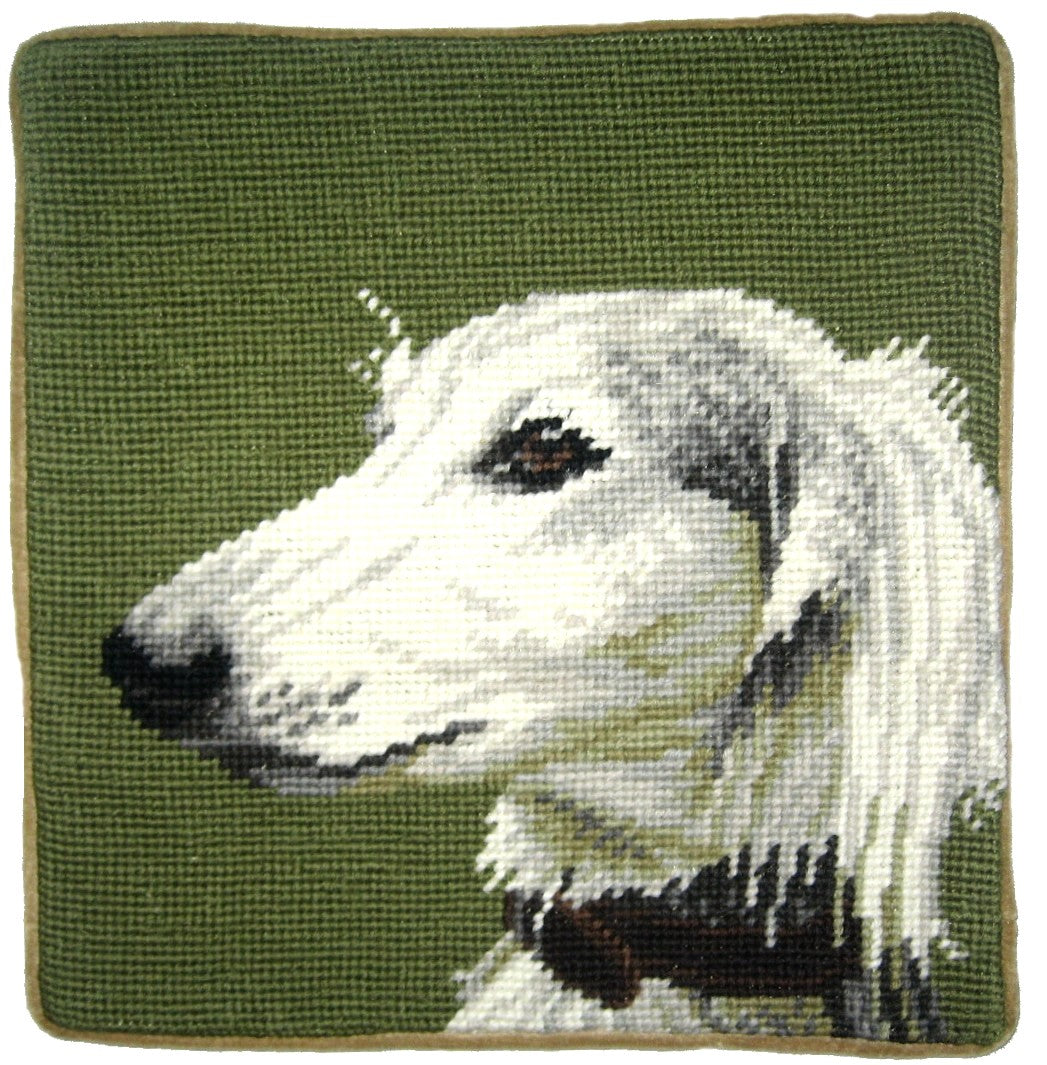 Needlepoint Hand-Embroidered Wool Throw Pillow Exquisite Home Designs Afghan Hound green background