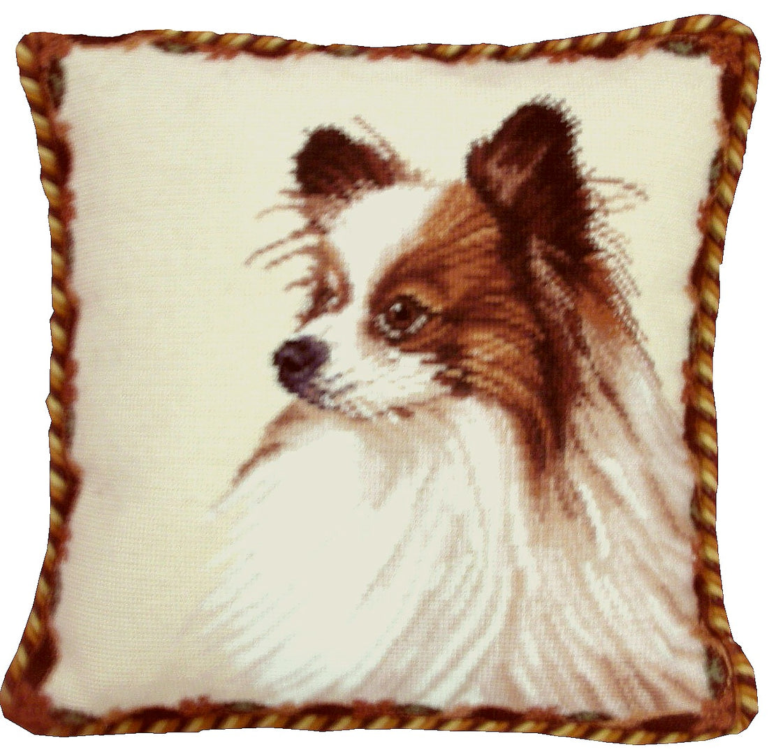 Needlepoint Hand-Embroidered Wool Throw Pillow Exquisite Home Designs brown Papilon with cording