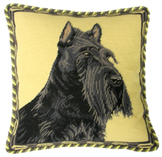 Needlepoint Hand-Embroidered Wool Throw Pillow Exquisite Home Designs black Scottie with cording