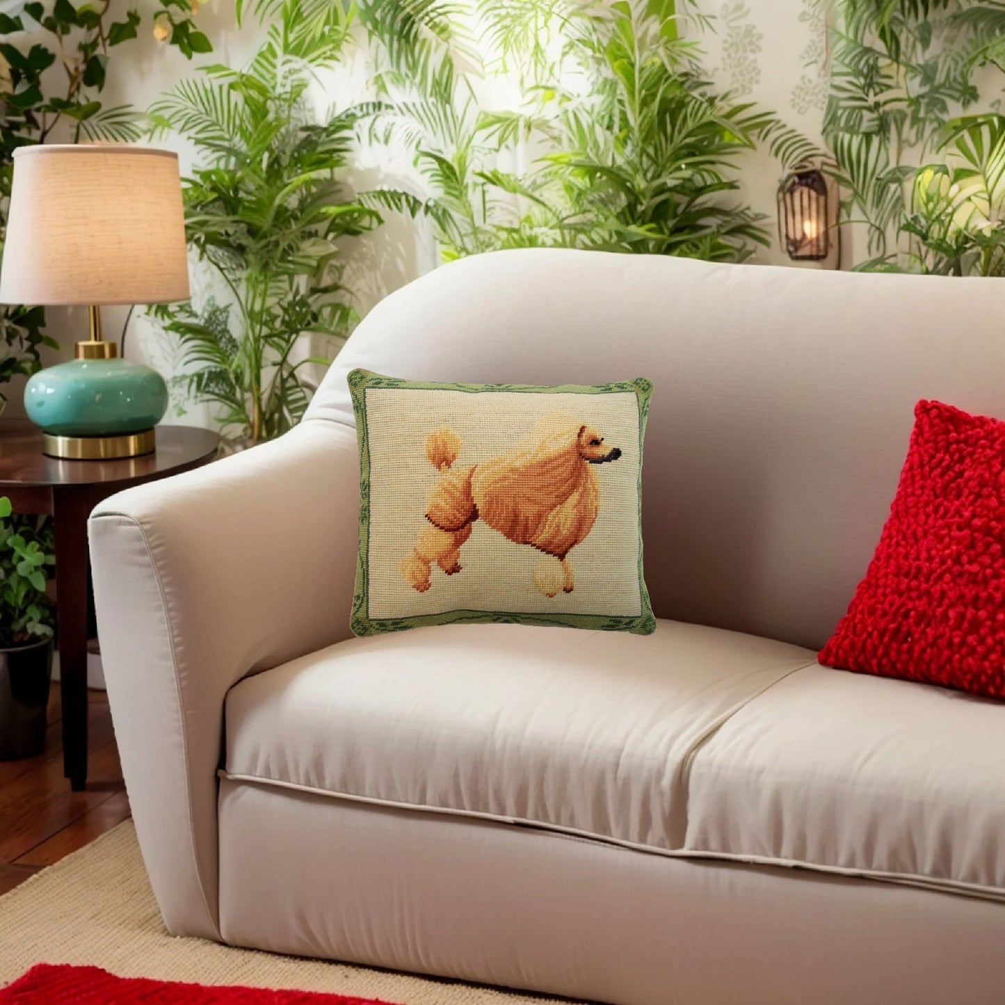 Handmade Wool Needlepoint Pillow Cover - Decorative Throw Cushion Cover - Vintage Floral Embroidery Design yellow poodle
