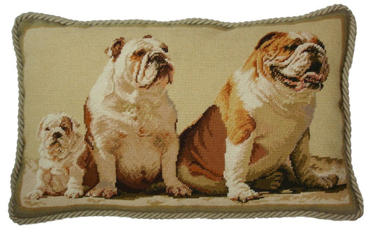 Needlepoint Hand-Embroidered Wool Throw Pillow Exquisite Home Designs English Bull Dog  family with cording