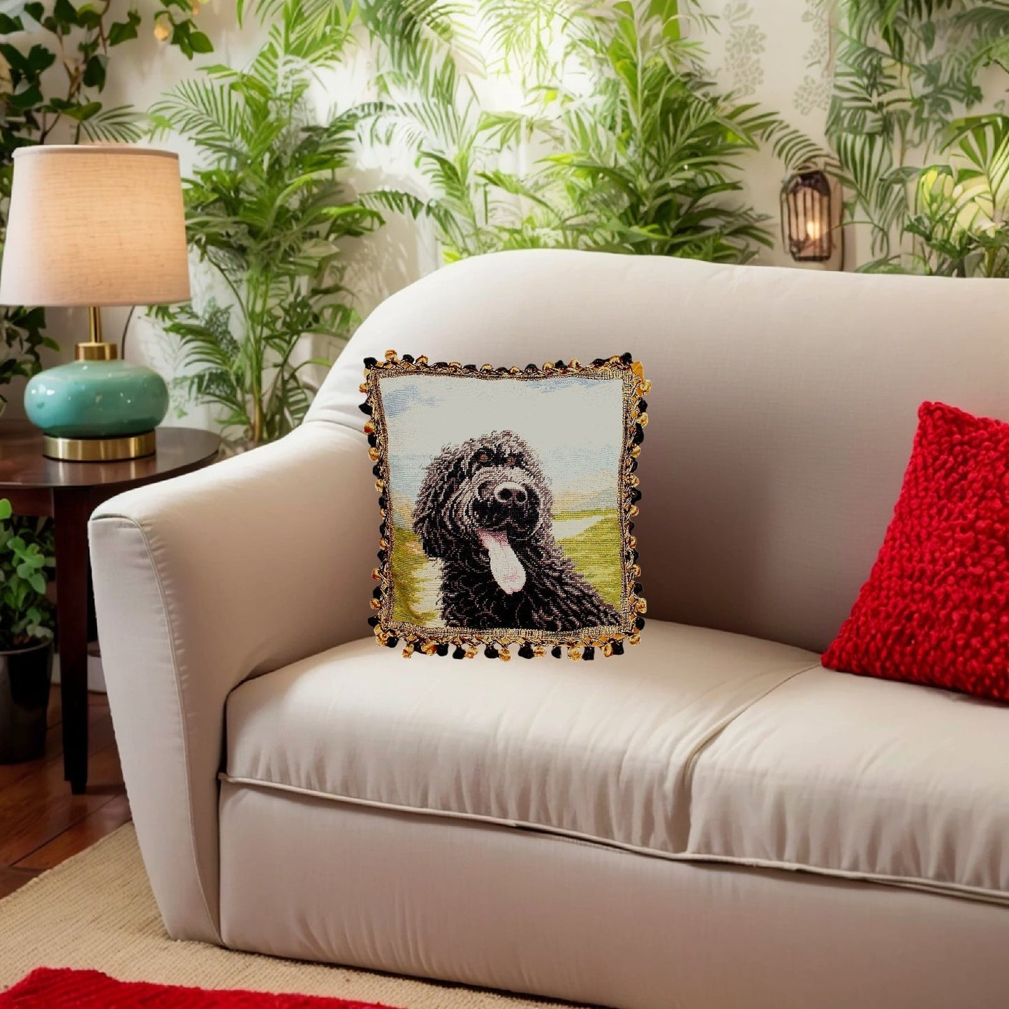 Handmade Wool Needlepoint Pillow Cover - Decorative Throw Cushion Cover - Vintage Floral Embroidery Design on WaterSpaniels face and tong others with 2 color tassels