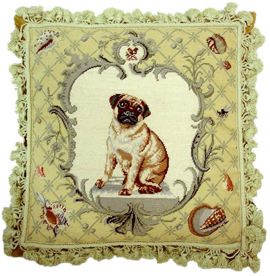 Needlepoint Hand-Embroidered Wool Throw Pillow Exquisite Home Designs  pug with sege yellow frame & shell nature tassels