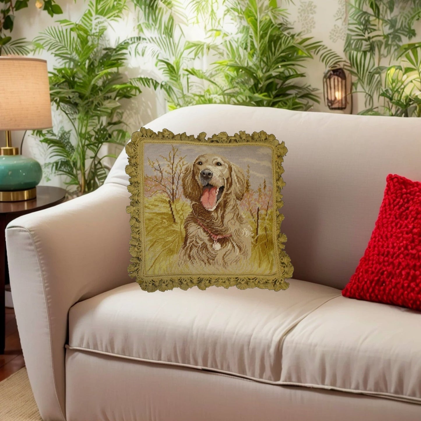 Handmade Wool Needlepoint Pillow Cover - Decorative Throw Cushion Cover - Vintage Floral Embroidery Design gold lab with tassel