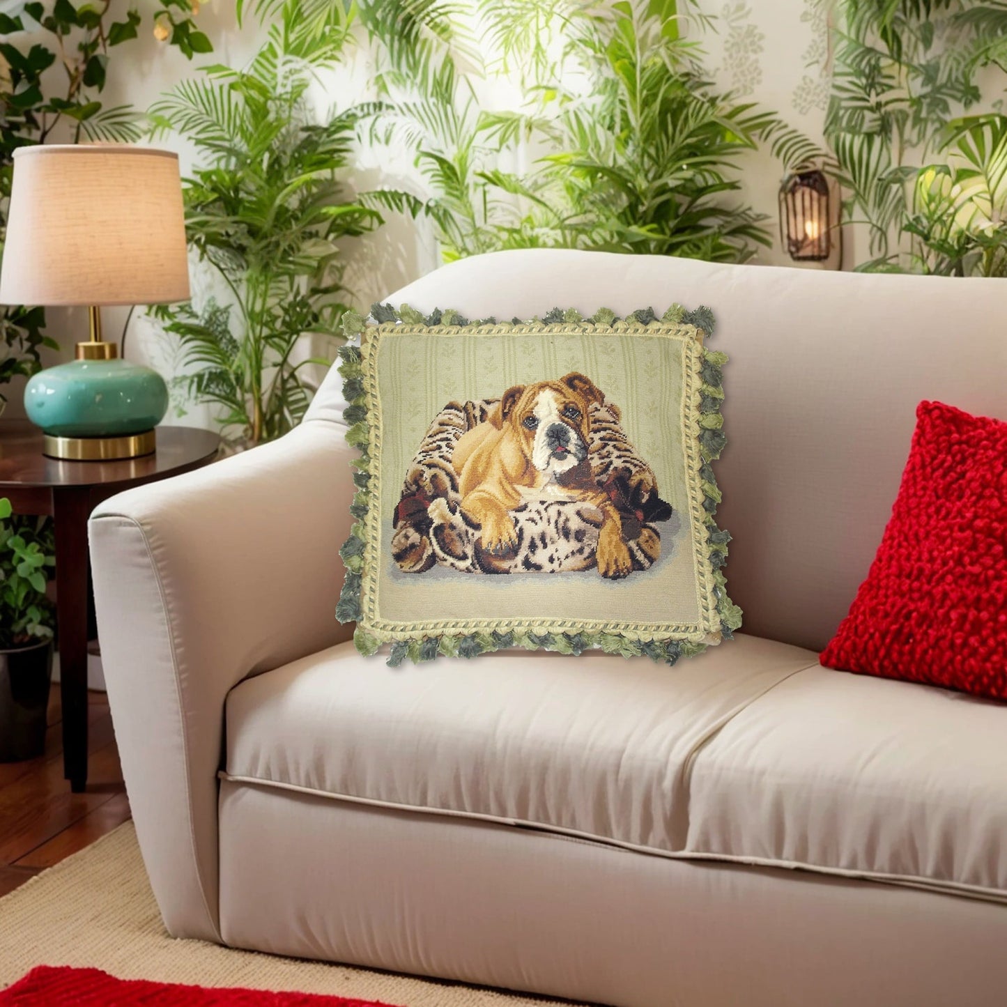 Handmade Wool Needlepoint Pillow Cover - Decorative Throw Cushion Cover - Vintage Floral Embroidery Design  bull dog with mixed green tassel
