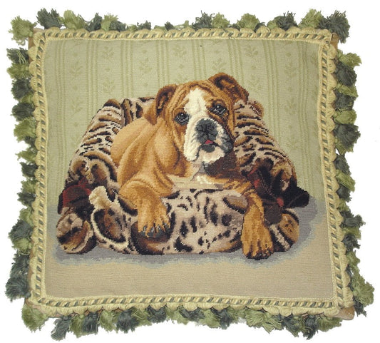 Needlepoint Hand-Embroidered Wool Throw Pillow Exquisite Home Designs  bull dog with mixed green tassel