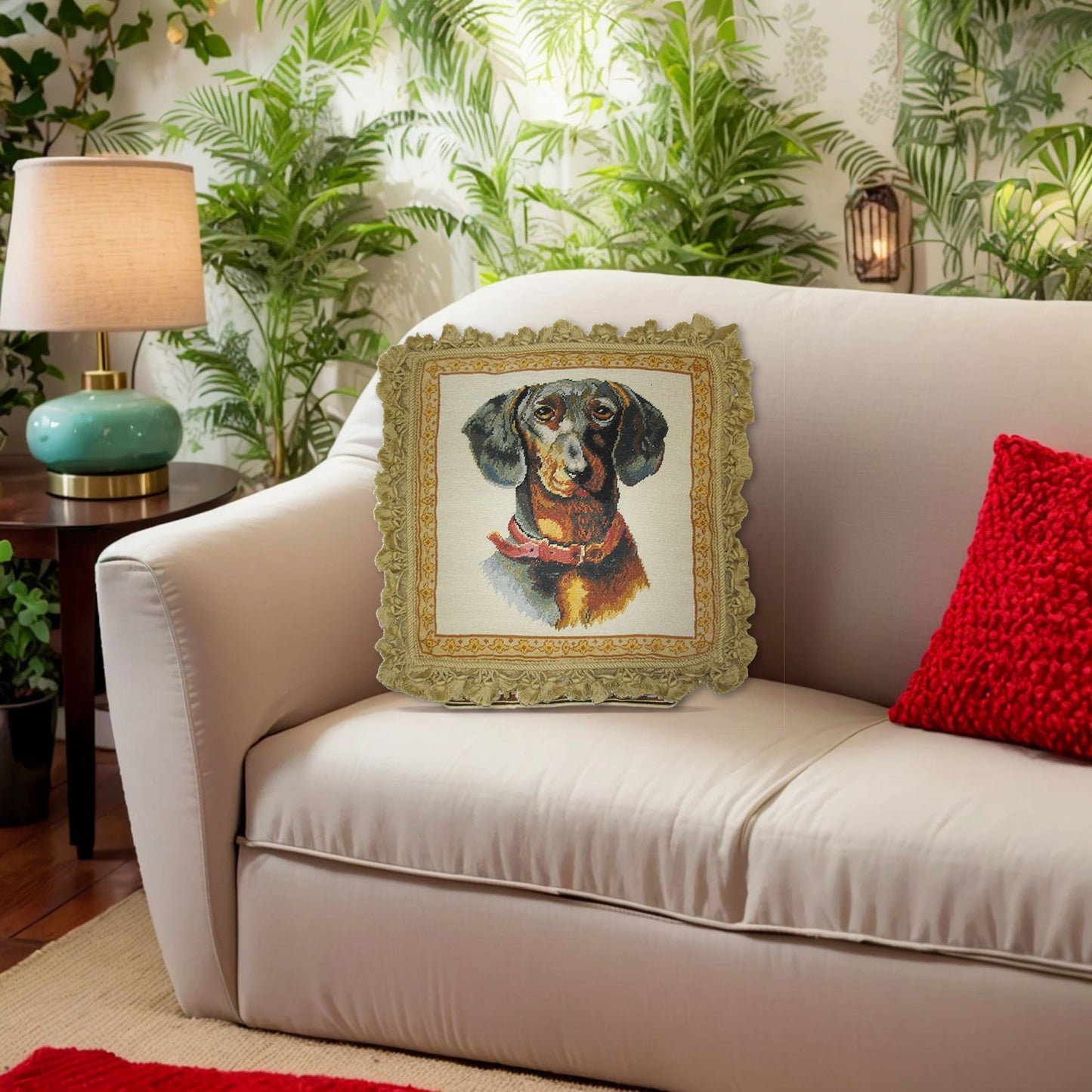 Handmade Wool Needlepoint Pillow Cover - Decorative Throw Cushion Cover - Vintage Floral Embroidery Design  black Tucson dog