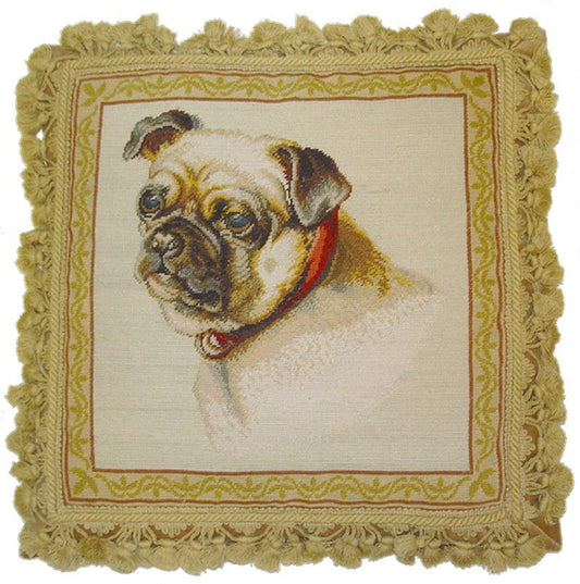 Needlepoint Hand-Embroidered Wool Throw Pillow Exquisite Home Designs  Pug dog nature background