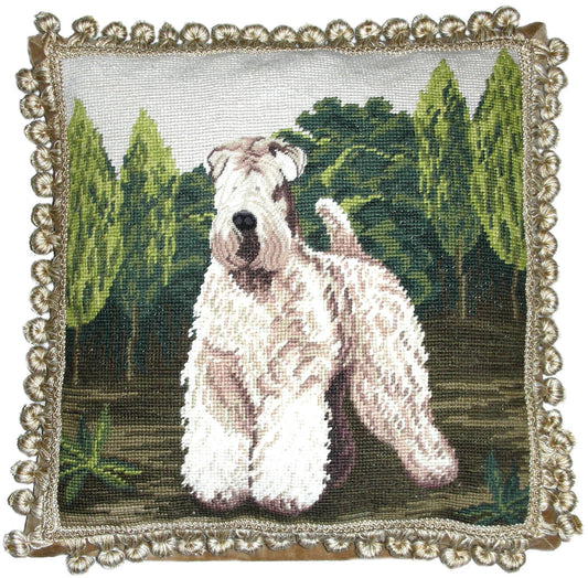 Needlepoint Hand-Embroidered Wool Throw Pillow Exquisite Home Designs white Wheaten Terrie face rest with tassels