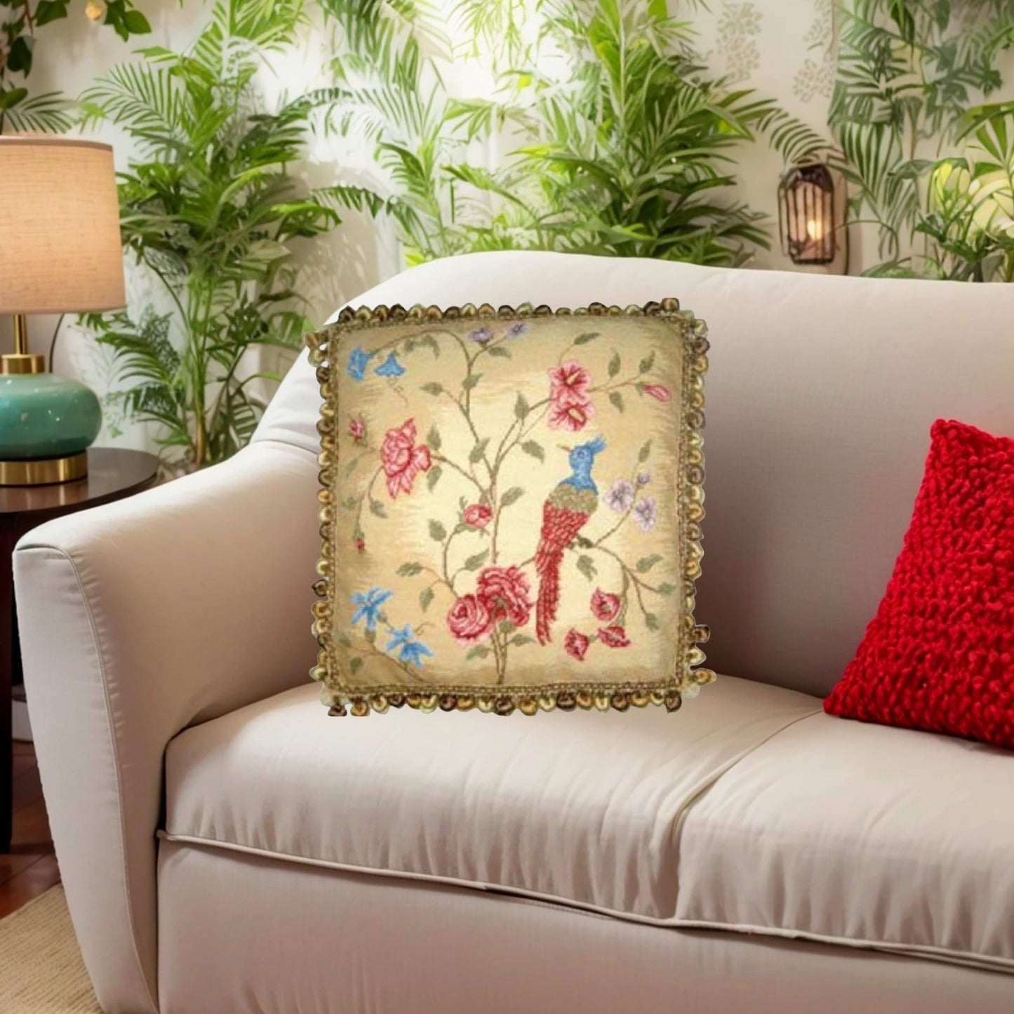 Handmade Wool Needlepoint Pillow Cover - Decorative Throw Cushion Cover - Vintage Floral Embroidery Design  red/blue phoenix & plum in blossom with 3 color tassels