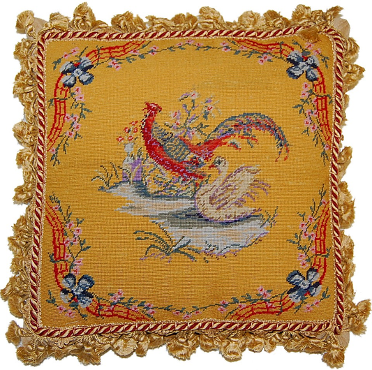 Needlepoint Hand-Embroidered Wool Throw Pillow Exquisite Home Designs  phase and swan with tassels