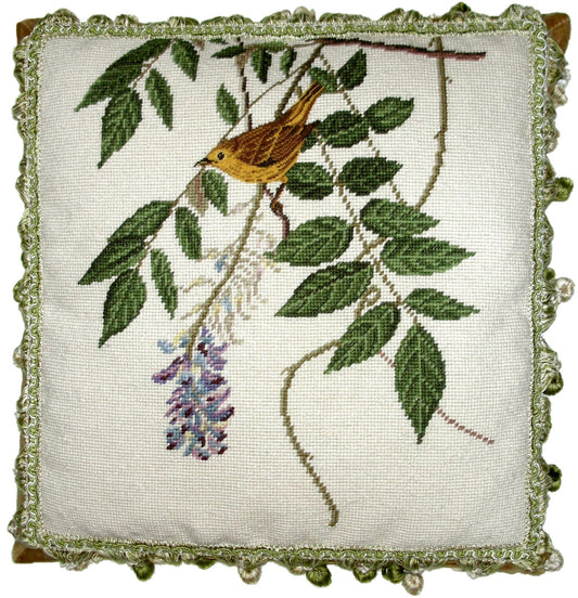 Needlepoint Hand-Embroidered Wool Throw Pillow Exquisite Home Designs yellow bird lavender flower background with tassels