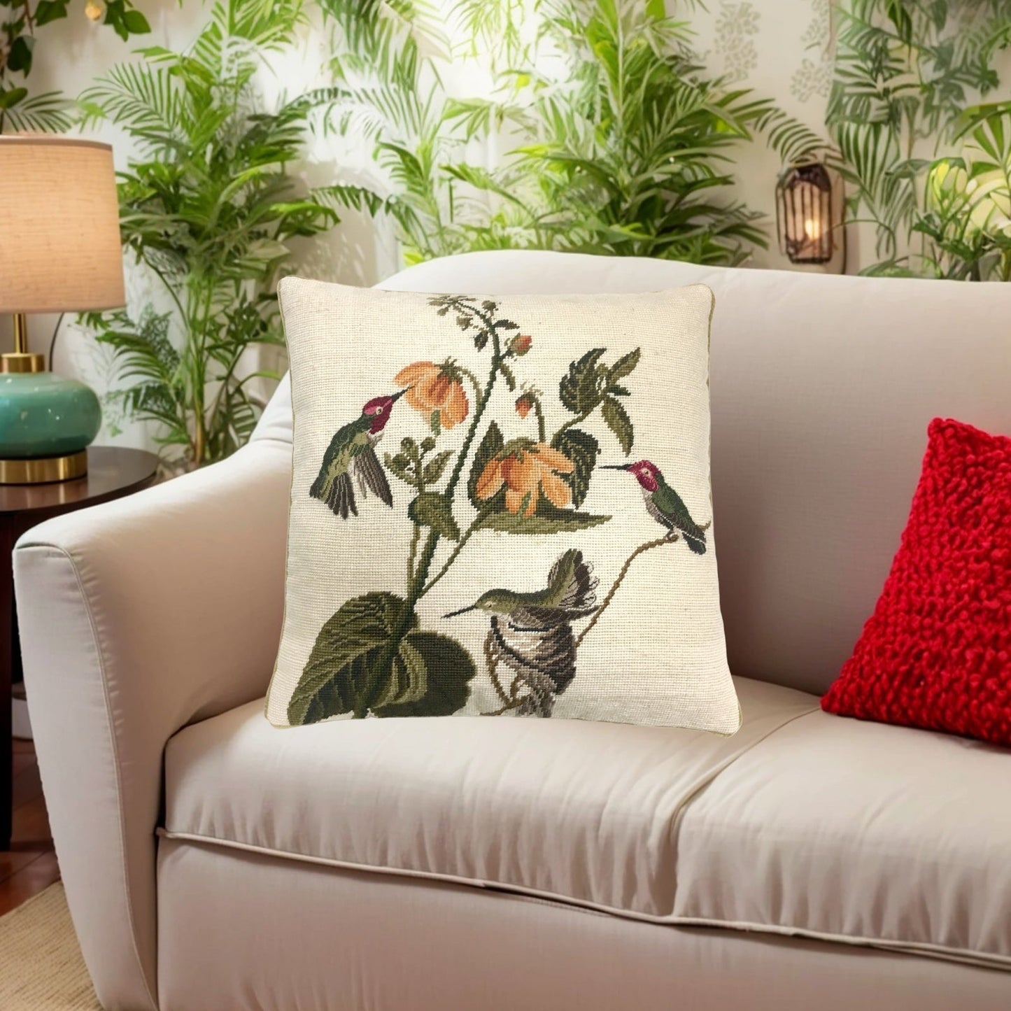 Handmade Wool Needlepoint Pillow Cover - Decorative Throw Cushion Cover - Vintage Floral Embroidery Design 3 humming birds yellow flower